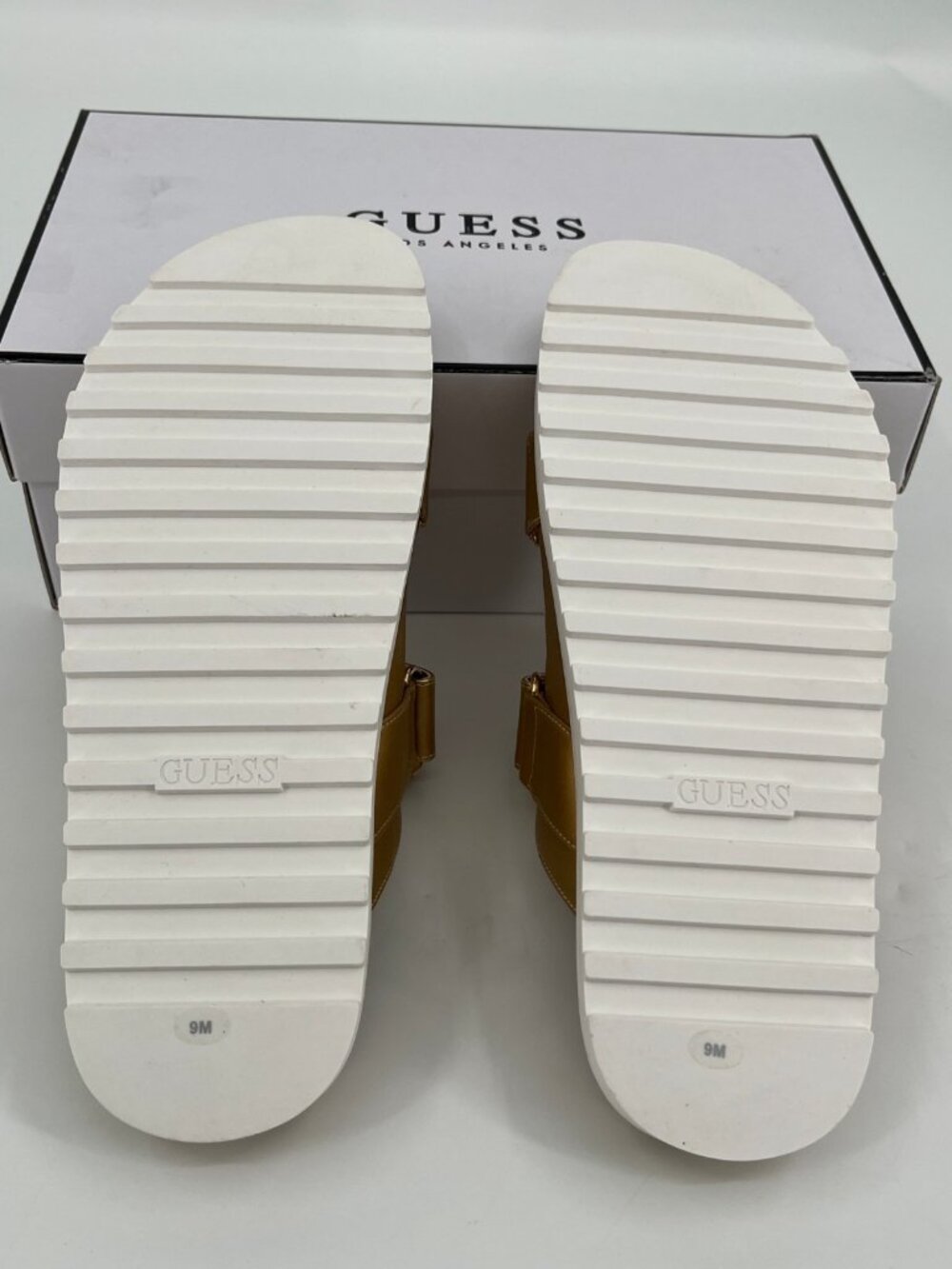 Guess Fabula Lug Sole Sandals Gold Size 9M Faux Leather Hook Loop Platform Slide - Picture 14 of 15